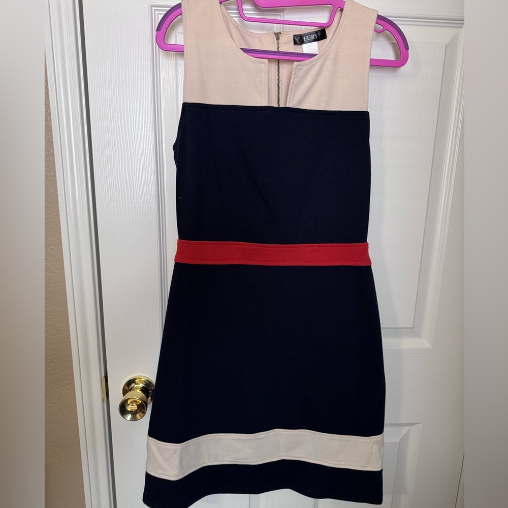 Sleeveless Navy and Beige Colorblock Mini Dress with Orange Waistband